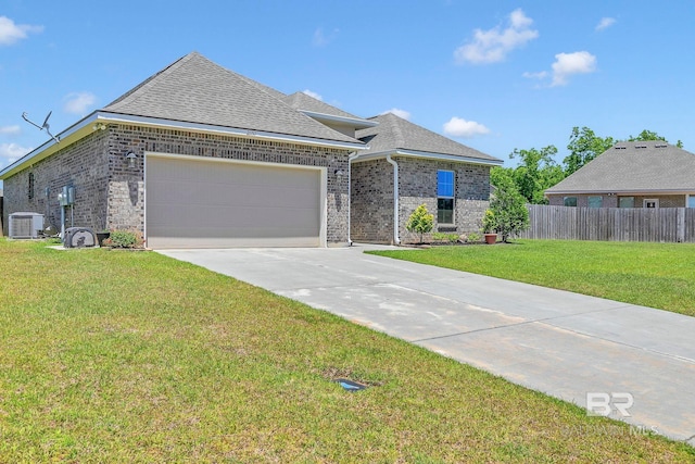 view of front facade featuring concrete driveway, central air condition unit, brick siding, and fence