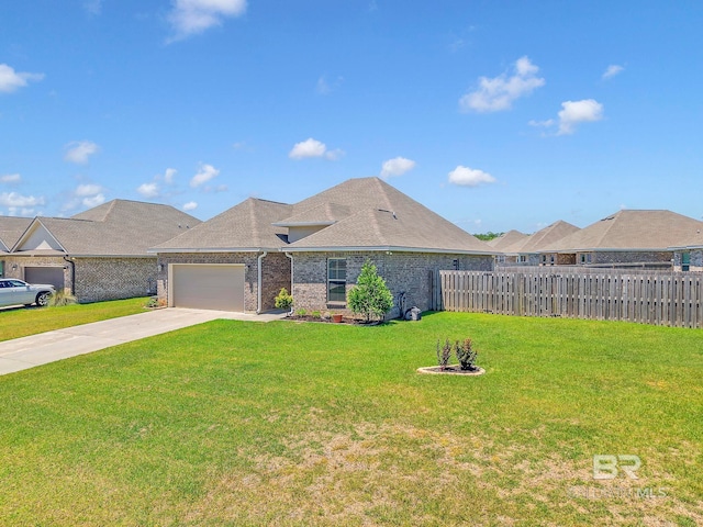 ranch-style house with fence, an attached garage, brick siding, driveway, and a front lawn