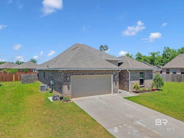 view of front facade featuring brick siding, fence, a garage, roof with shingles, and a front lawn