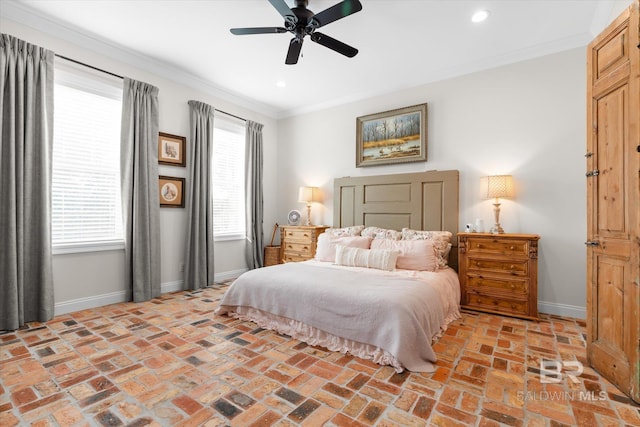 bedroom featuring crown molding and ceiling fan