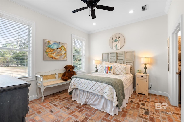 bedroom with ceiling fan and ornamental molding