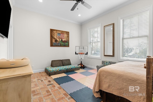 bedroom with crown molding and ceiling fan