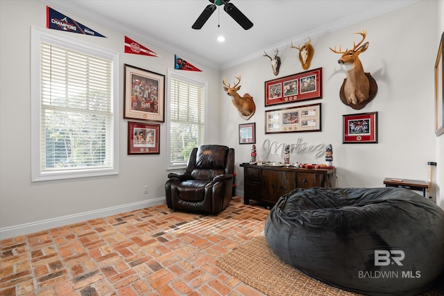 living area with ornamental molding and ceiling fan