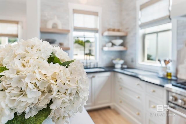 details with light hardwood / wood-style floors and white cabinetry