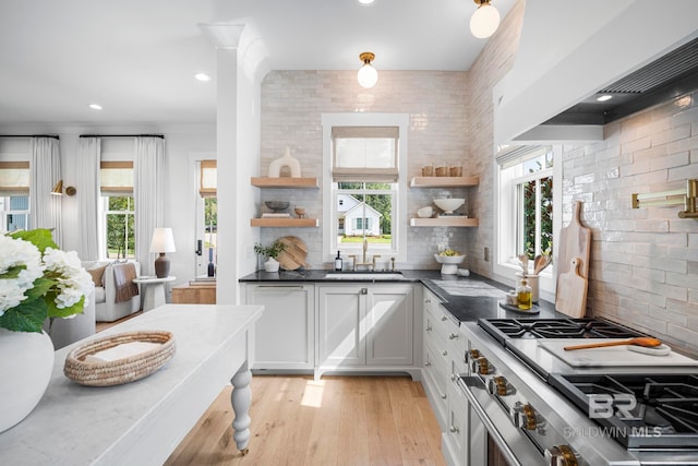 kitchen featuring white cabinetry, high end stove, a healthy amount of sunlight, and sink