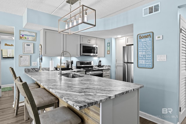 kitchen with appliances with stainless steel finishes, decorative light fixtures, gray cabinetry, and kitchen peninsula