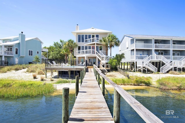 7166 Sharp Reef, Pensacola, FL 32507 - dock area with a water view, stairway, and a balcony