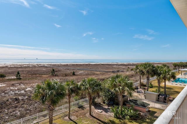 property view of water featuring a beach view