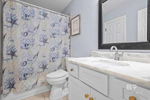 full bathroom featuring shower / bath combination with curtain, vanity, tile patterned flooring, and toilet