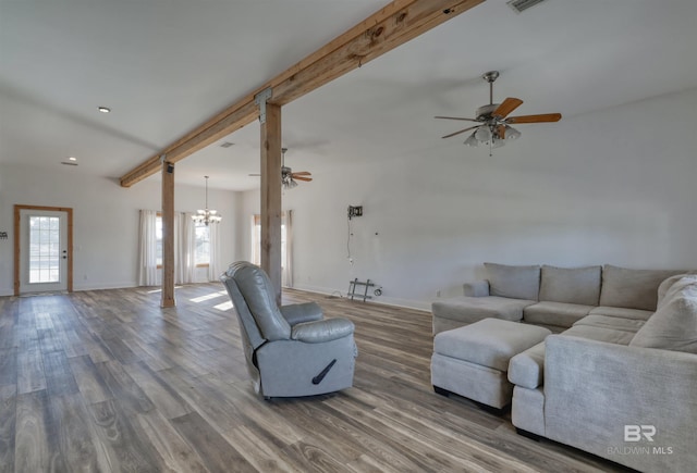 13450 County Road 91, Elberta, AL 36530 - living room with beam ceiling, hardwood / wood-style floors, and ceiling fan with notable chandelier