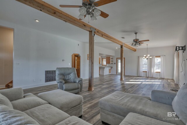 13450 County Road 91, Elberta, AL 36530 - living room featuring beam ceiling, ceiling fan with notable chandelier, and wood-type flooring