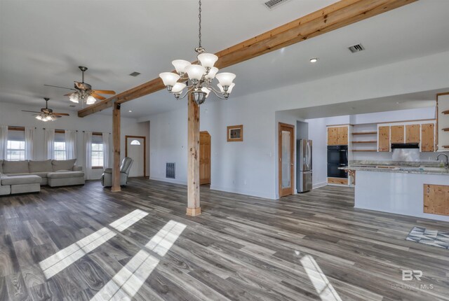 13450 County Road 91, Elberta, AL 36530 - unfurnished living room with beamed ceiling, ceiling fan with notable chandelier, and dark hardwood / wood-style floors