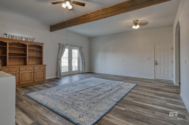 13450 County Road 91, Elberta, AL 36530 - living room featuring french doors, dark hardwood / wood-style floors, ceiling fan, and beam ceiling