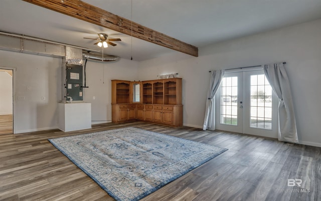 13450 County Road 91, Elberta, AL 36530 - living room featuring french doors, heating unit, ceiling fan, beam ceiling, and hardwood / wood-style flooring