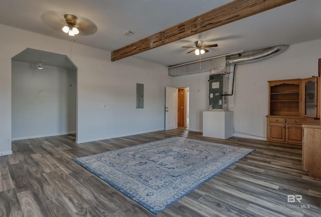 13450 County Road 91, Elberta, AL 36530 - unfurnished living room with ceiling fan, beam ceiling, dark hardwood / wood-style flooring, and electric panel
