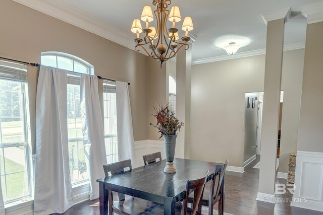 dining room with a notable chandelier, dark hardwood / wood-style flooring, and crown molding