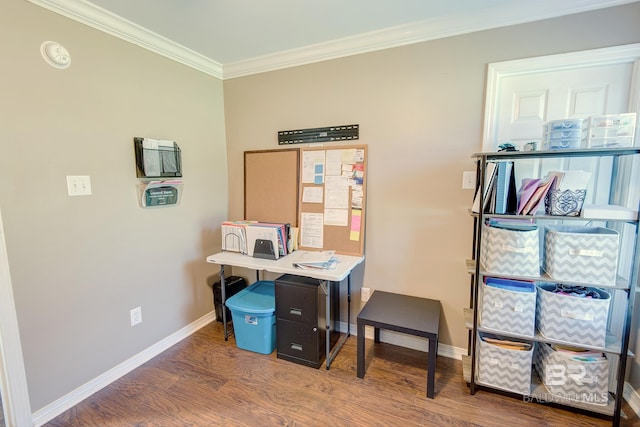 office area featuring crown molding and wood-type flooring