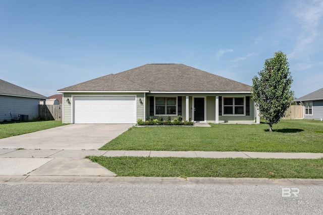 211 Lakefront Cir, Summerdale, AL 36580 - ranch-style home with an attached garage, concrete driveway, central AC, roof with shingles, and a porch