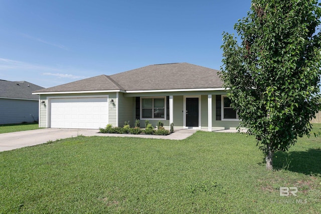 211 Lakefront Cir, Summerdale, AL 36580 - ranch-style house with a garage, a front lawn, covered porch, and driveway