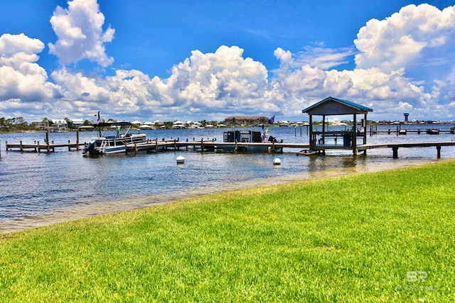 view of dock featuring a water view and a lawn