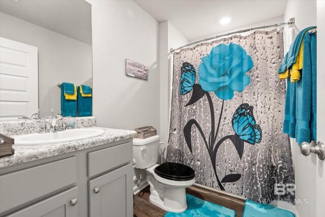 bathroom featuring vanity, hardwood / wood-style floors, toilet, and a shower with shower curtain