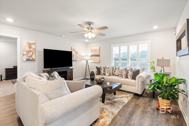 living room with ceiling fan and hardwood / wood-style flooring