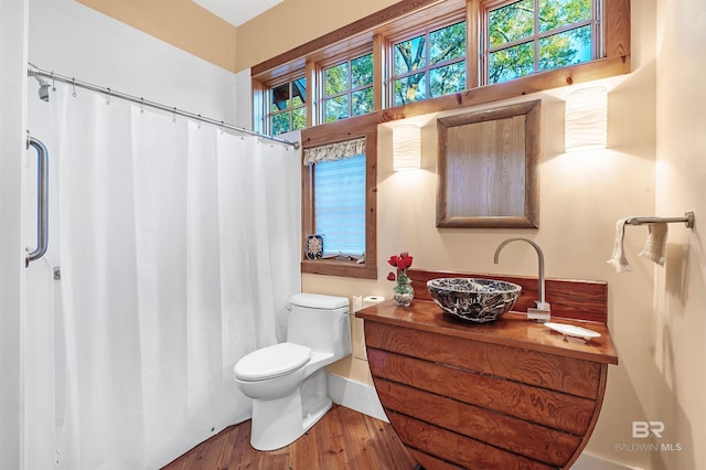 bathroom with baseboards, toilet, wood finished floors, curtained shower, and vanity