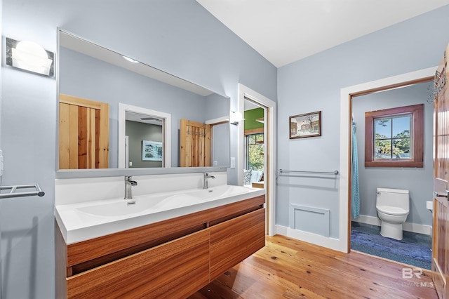 bathroom with a sink, double vanity, wood finished floors, and toilet