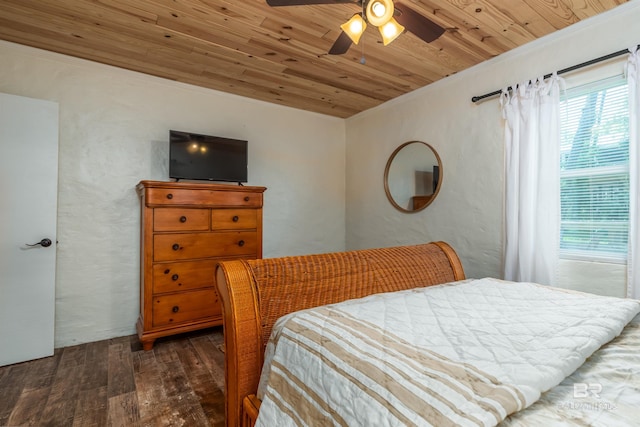 bedroom featuring wood ceiling, ceiling fan, and dark wood-type flooring