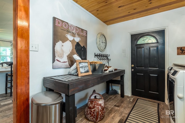 entrance foyer featuring washer / clothes dryer, wood-type flooring, and wood ceiling