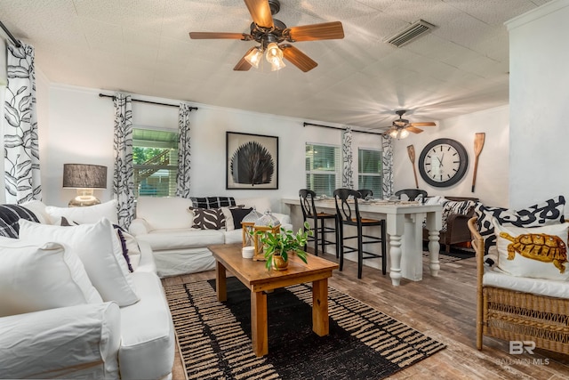 living room with hardwood / wood-style flooring, a textured ceiling, and ceiling fan