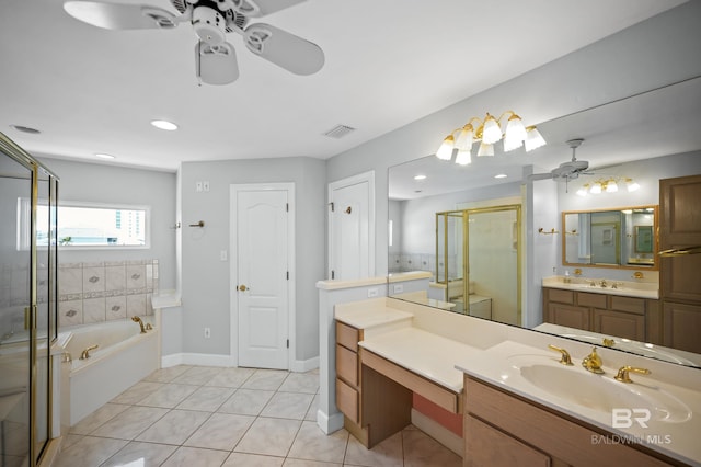 2024 W Beach Blvd, Gulf Shores, AL 36542 - full bath with ceiling fan, a shower stall, a bath, vanity, and tile patterned flooring