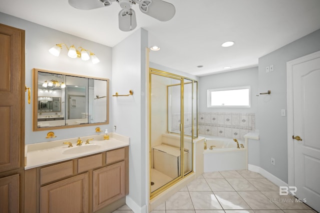 2024 W Beach Blvd, Gulf Shores, AL 36542 - bathroom with a bath, a shower stall, vanity, and a ceiling fan