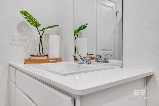 details featuring a textured wall and vanity