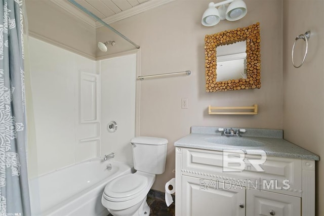 full bathroom with toilet, vanity, shower / tub combo, and ornamental molding