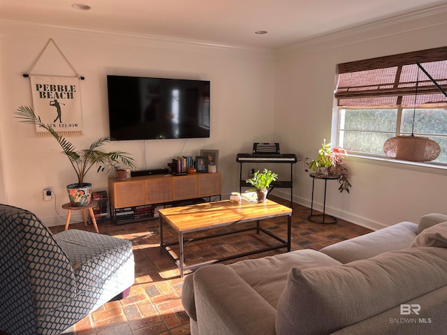 living room with ornamental molding