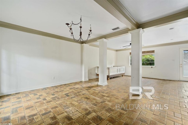 unfurnished living room featuring beam ceiling, ornate columns, ceiling fan, and ornamental molding