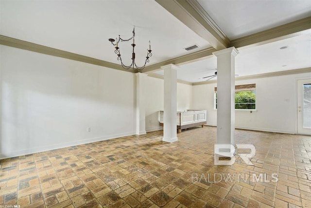 56 Deferriet Ct, Fairhope, AL 36532 - unfurnished living room with decorative columns, ornamental molding, brick flooring, and a ceiling fan