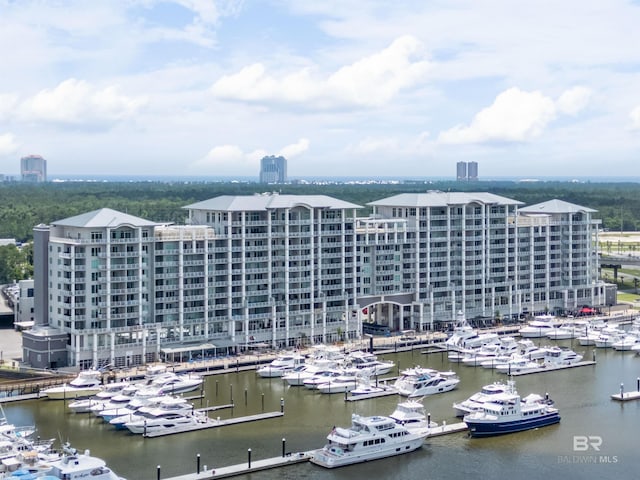 drone / aerial view with a view of city and a water view