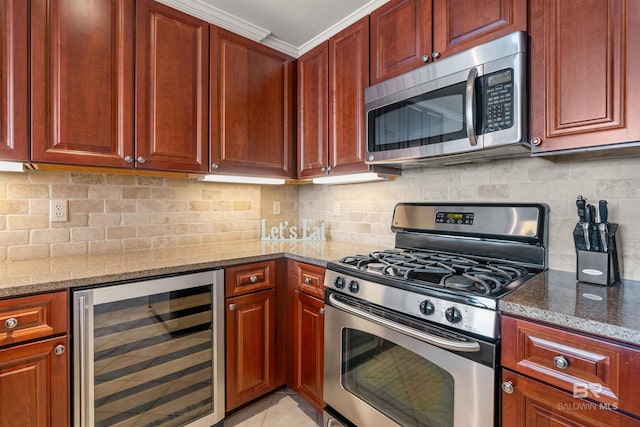 kitchen with light tile patterned floors, beverage cooler, stainless steel appliances, light stone countertops, and tasteful backsplash
