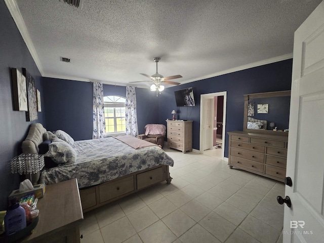 bedroom featuring a textured ceiling, visible vents, a ceiling fan, and ornamental molding