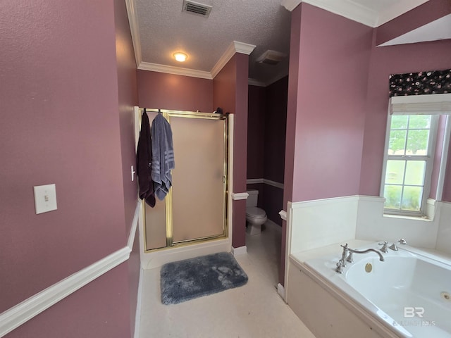 bathroom with a bath, toilet, a stall shower, visible vents, and a textured ceiling