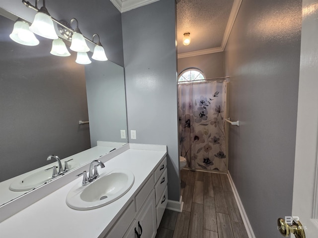 bathroom with crown molding, a shower with curtain, toilet, wood finished floors, and vanity