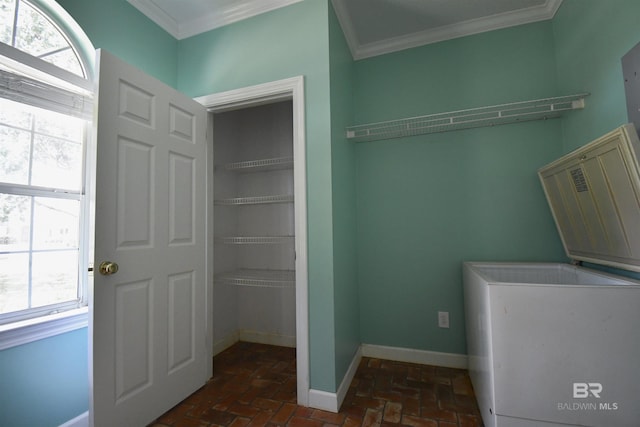 11151 Colvin Ln, Daphne, AL 36526 - laundry area featuring ornamental molding, baseboards, and brick floors