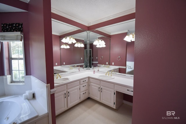 11151 Colvin Ln, Daphne, AL 36526 - bathroom featuring a chandelier, double vanity, crown molding, and a tub with jets