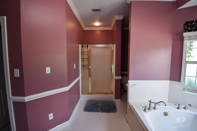 11151 Colvin Ln, Daphne, AL 36526 - full bath with a shower stall, a bath, toilet, a textured ceiling, and ornamental molding