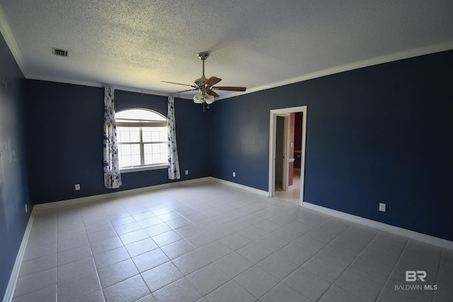 11151 Colvin Ln, Daphne, AL 36526 - tiled empty room featuring a textured ceiling, a ceiling fan, ornamental molding, and baseboards