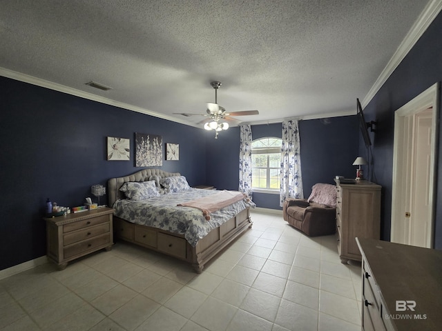 bedroom with visible vents, ornamental molding, and a textured ceiling