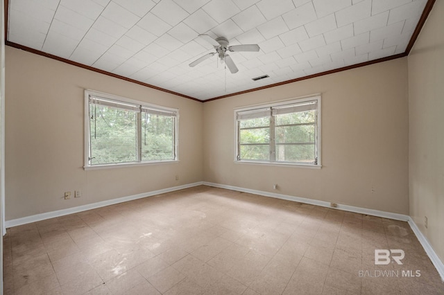 unfurnished room with crown molding and ceiling fan