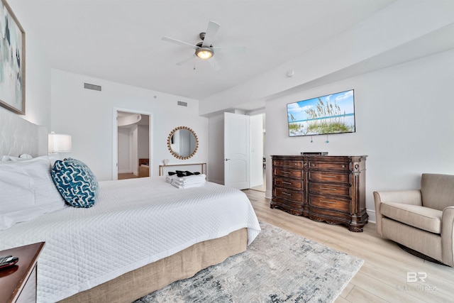 bedroom featuring visible vents, ceiling fan, and light wood finished floors